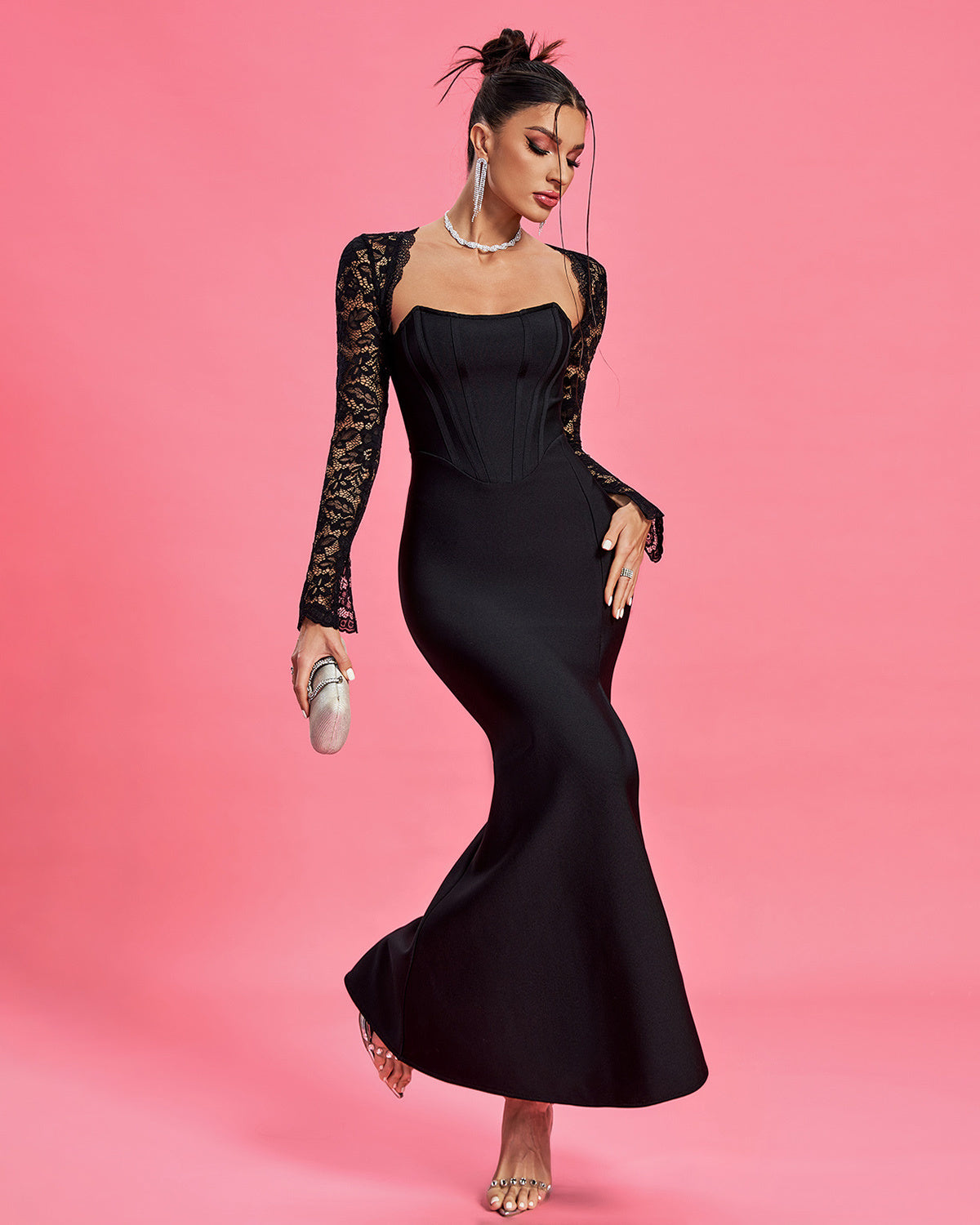 LLstyle Black Lace Corset Maxi Dress