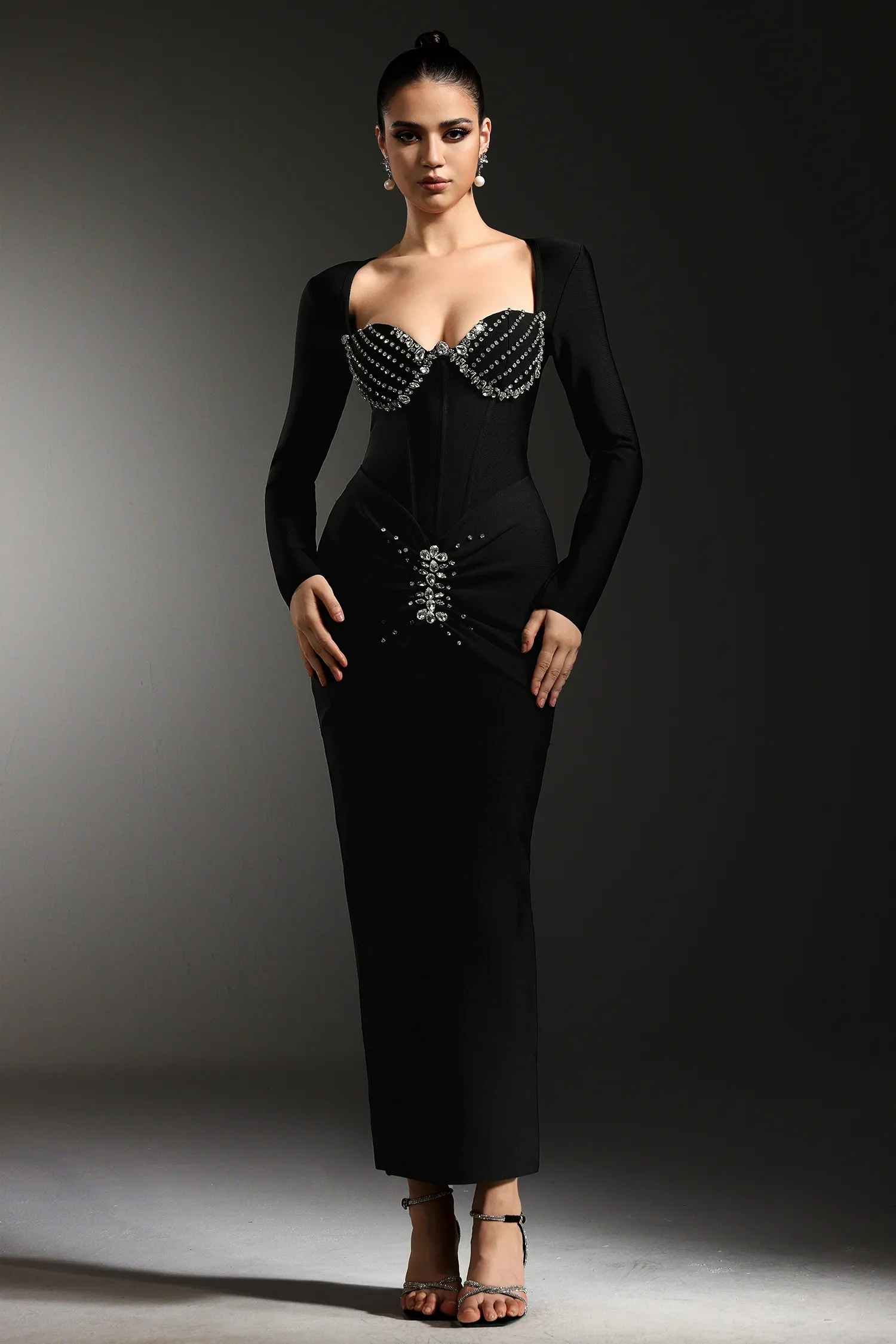 LLstyle Embellished Corset Gown with Long Sleeves