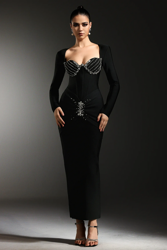 LLstyle Embellished Corset Gown with Long Sleeves