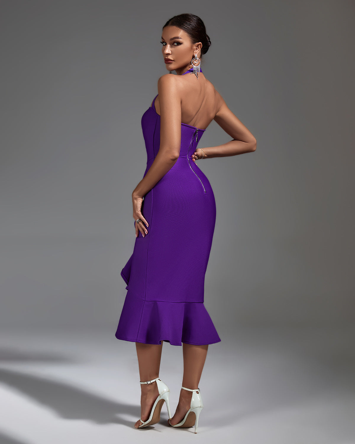 LLstyle Violet Ruffle Halter Midi Dress