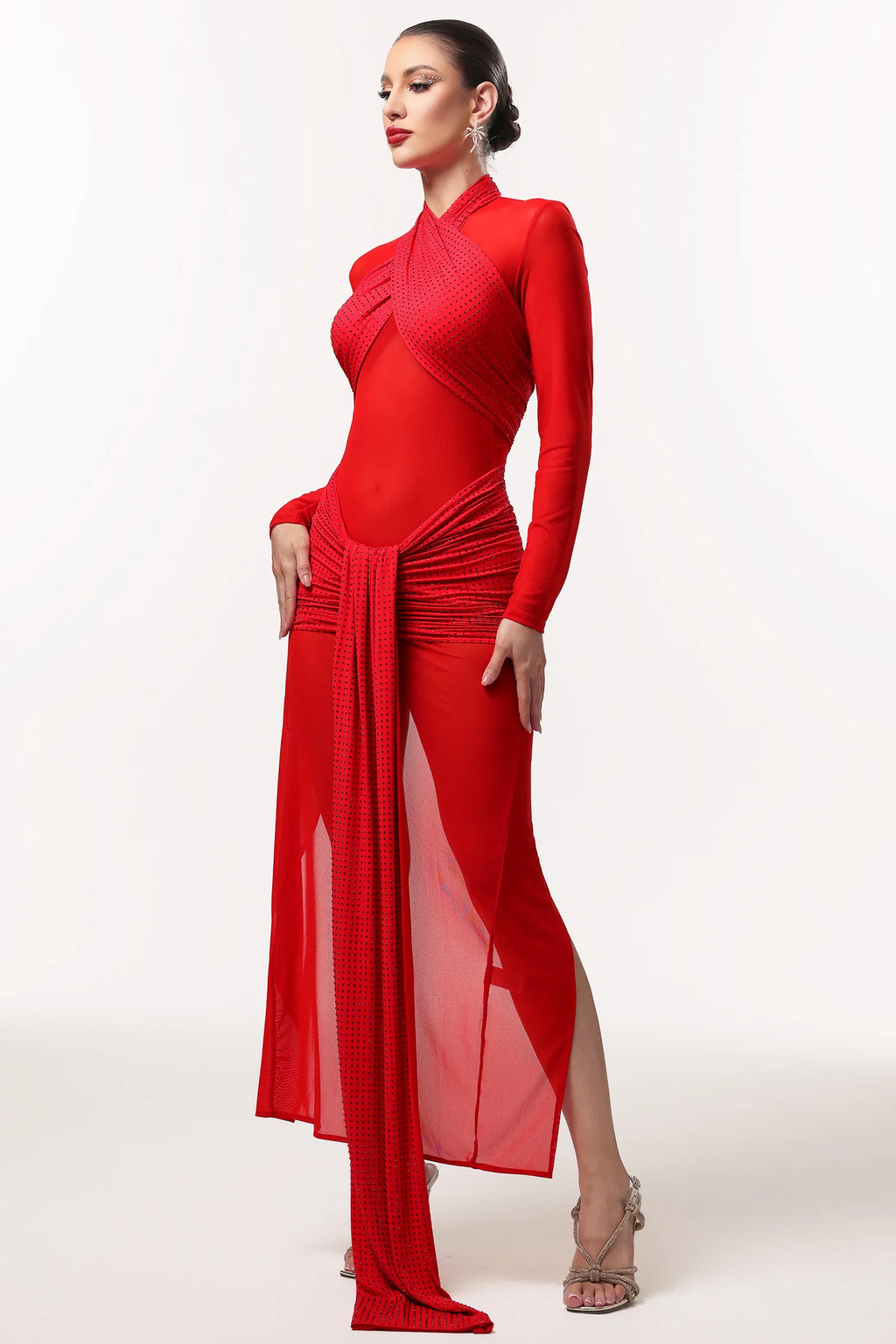LLstyle Red Draped Sheer Maxi Dress