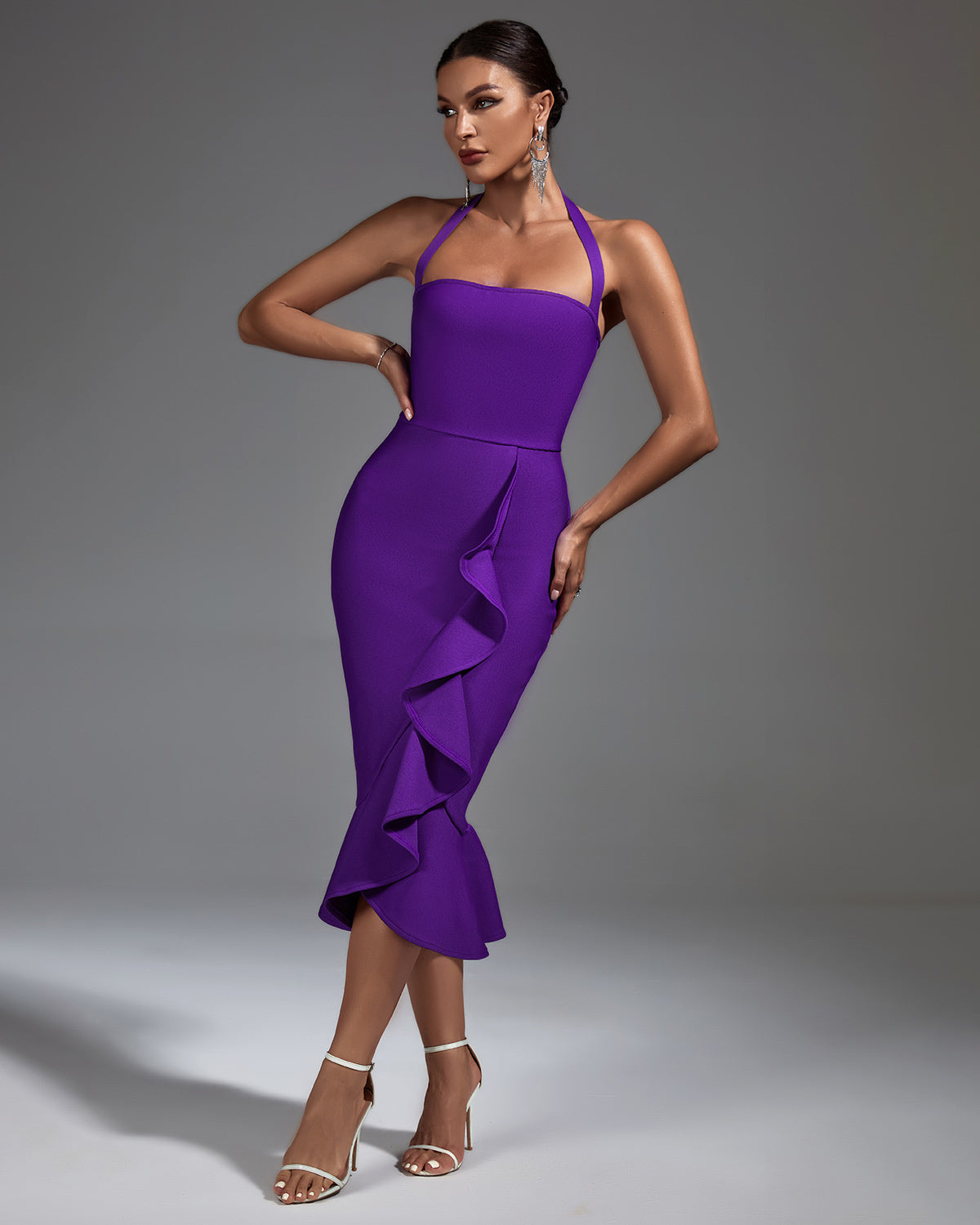LLstyle Violet Ruffle Halter Midi Dress