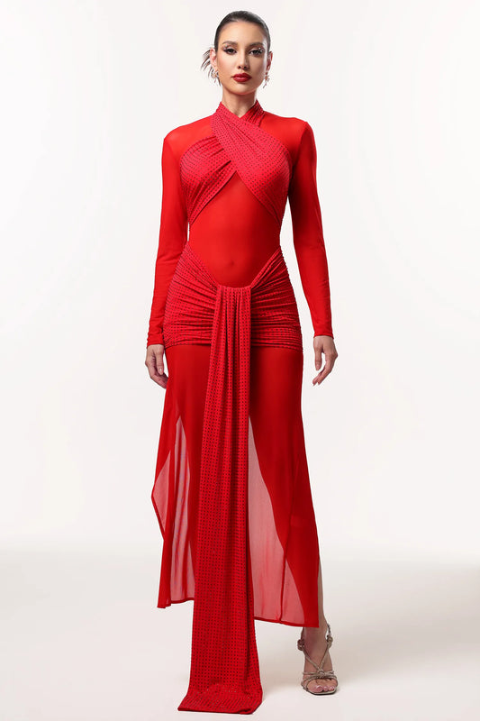 LLstyle Red Draped Sheer Maxi Dress