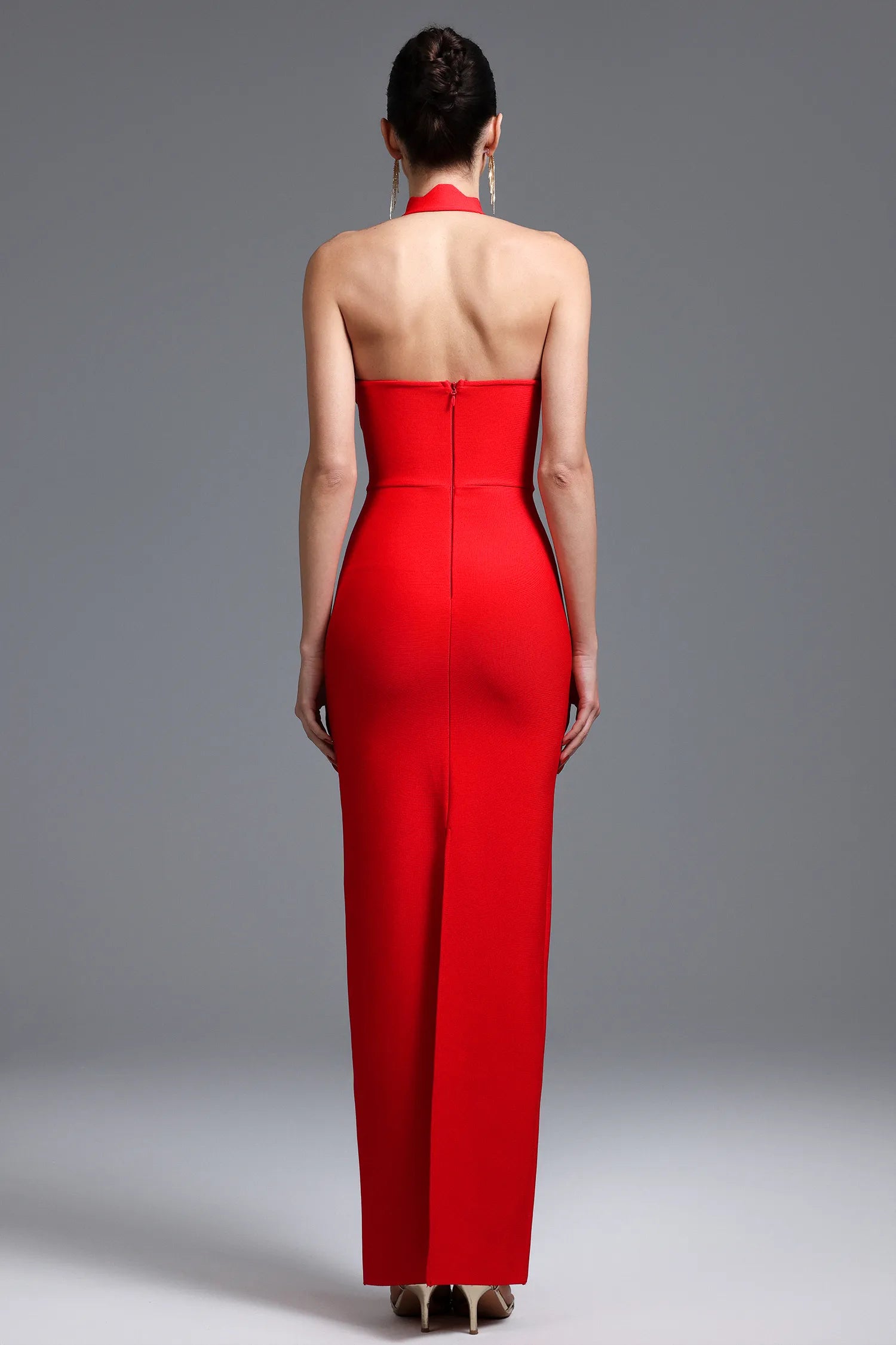 LLstyle Red Scalloped Halter Cut-Out Maxi Dress