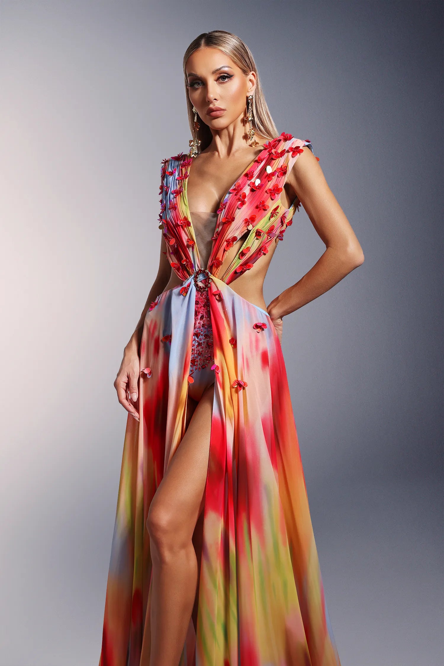 LLstyle Open-Back Floral Tie-Dye Maxi Gown