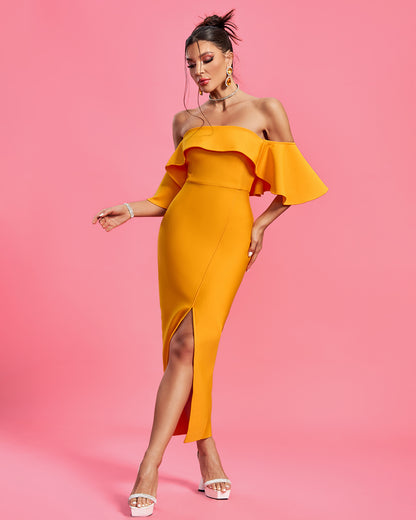 LLstyle Off Shoulder Golden Ruffle Dress