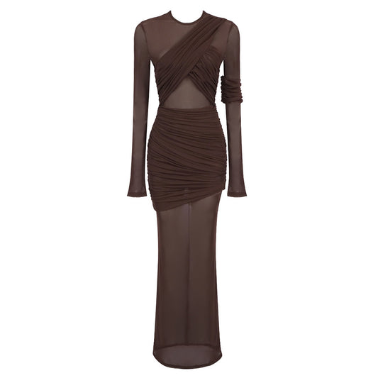 LLstyle Draped Mesh Maxi Dress with Wrap Bodice & Choker Neck