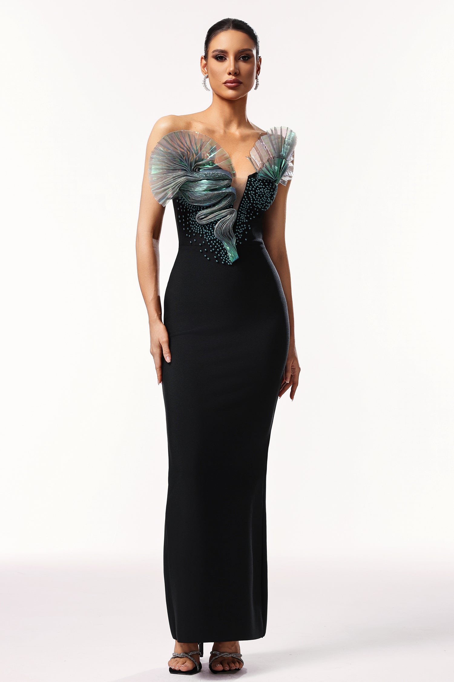 LLstyle Black Strapless Maxi Dress with Sculptural Ruffle