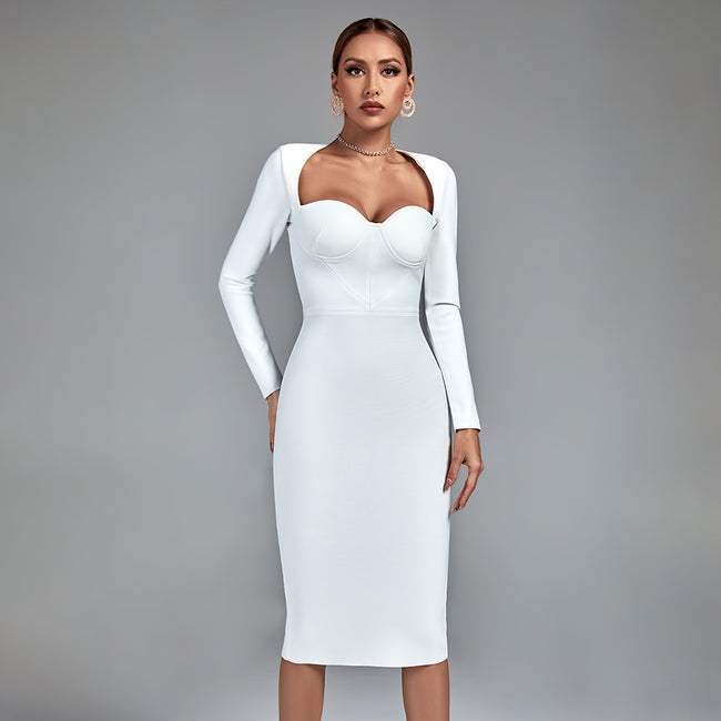 LLstyle White Long-Sleeve Bustier Midi Dress