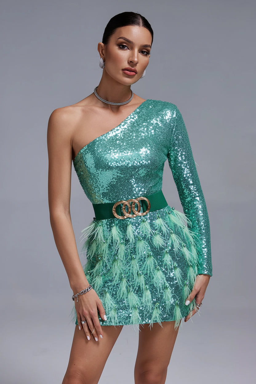 LLstyle Emerald Sequin Feather Dress
