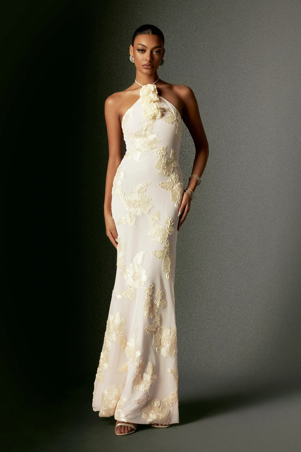 Fallon Floral Appliqué Halter Maxi Dress