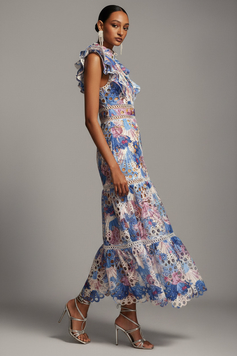 Flore Printed Lace Ruffle Midi Dress