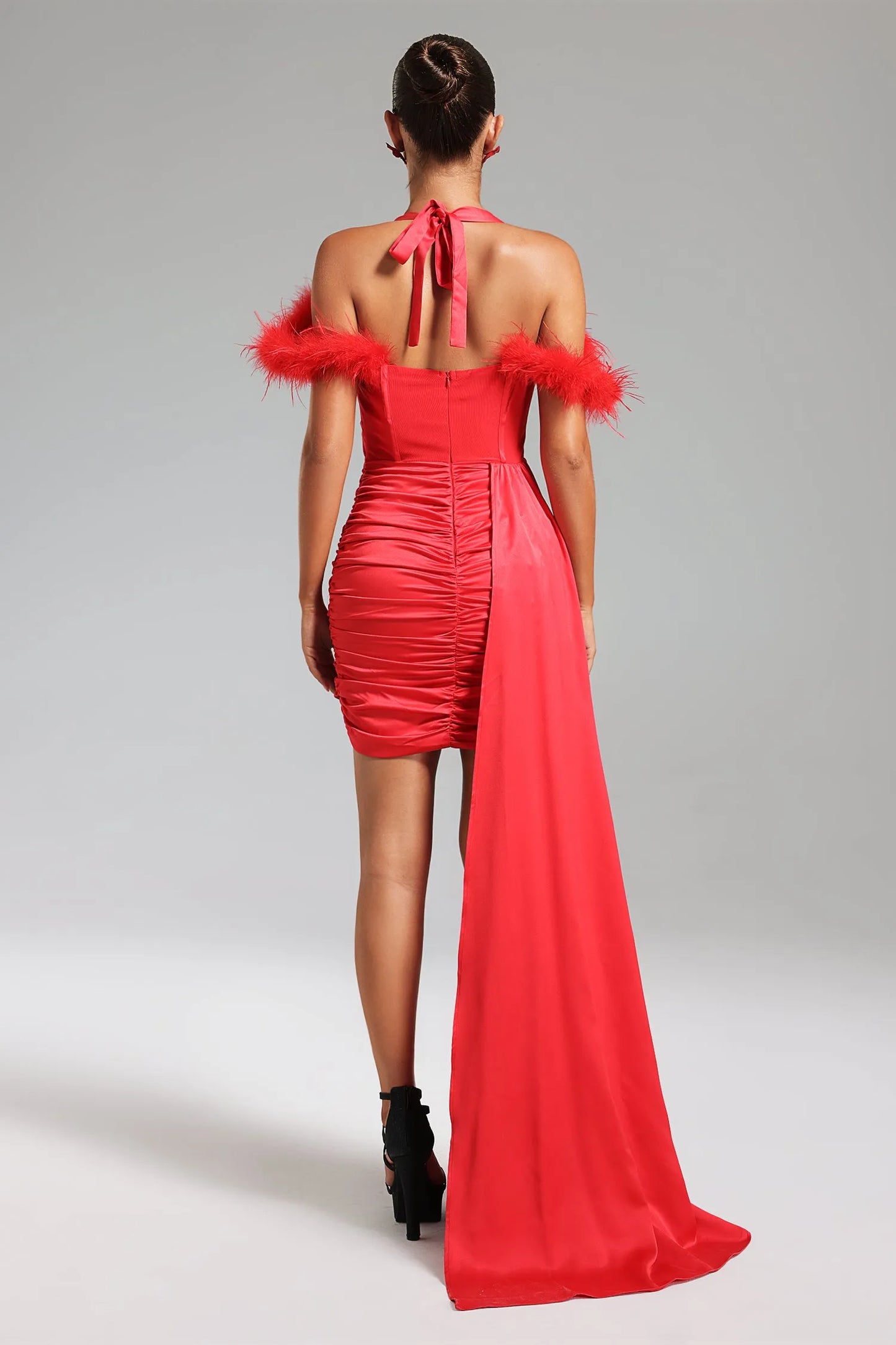 LLstyle Red Feather Satin Halter Mini Dress
