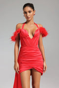 LLstyle Red Feather Satin Halter Mini Dress