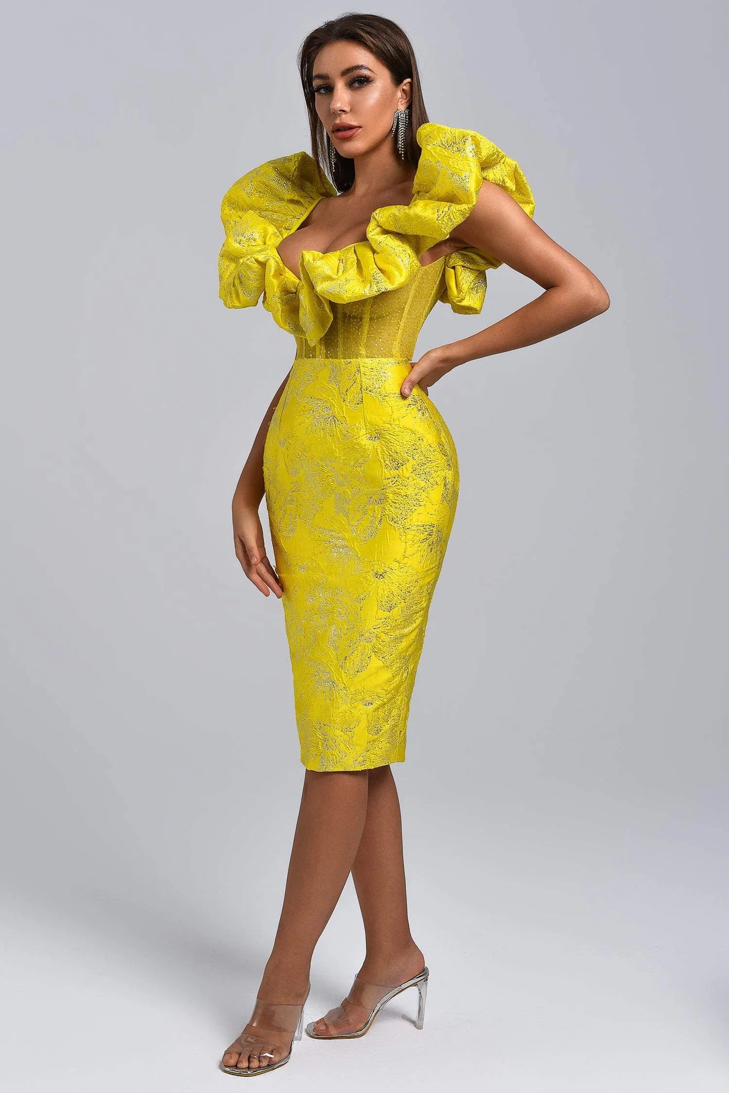 LLstyle Yellow Ruffled Floral Metallic Midi Dress