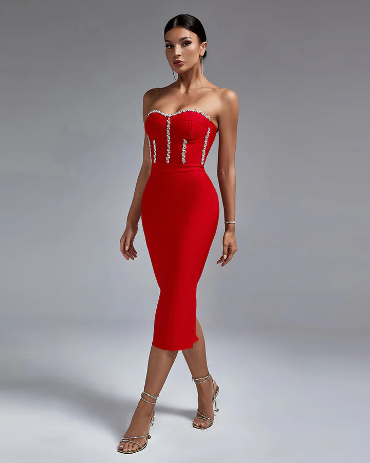 LLstyle Crystal Trim Strapless Midi Dress