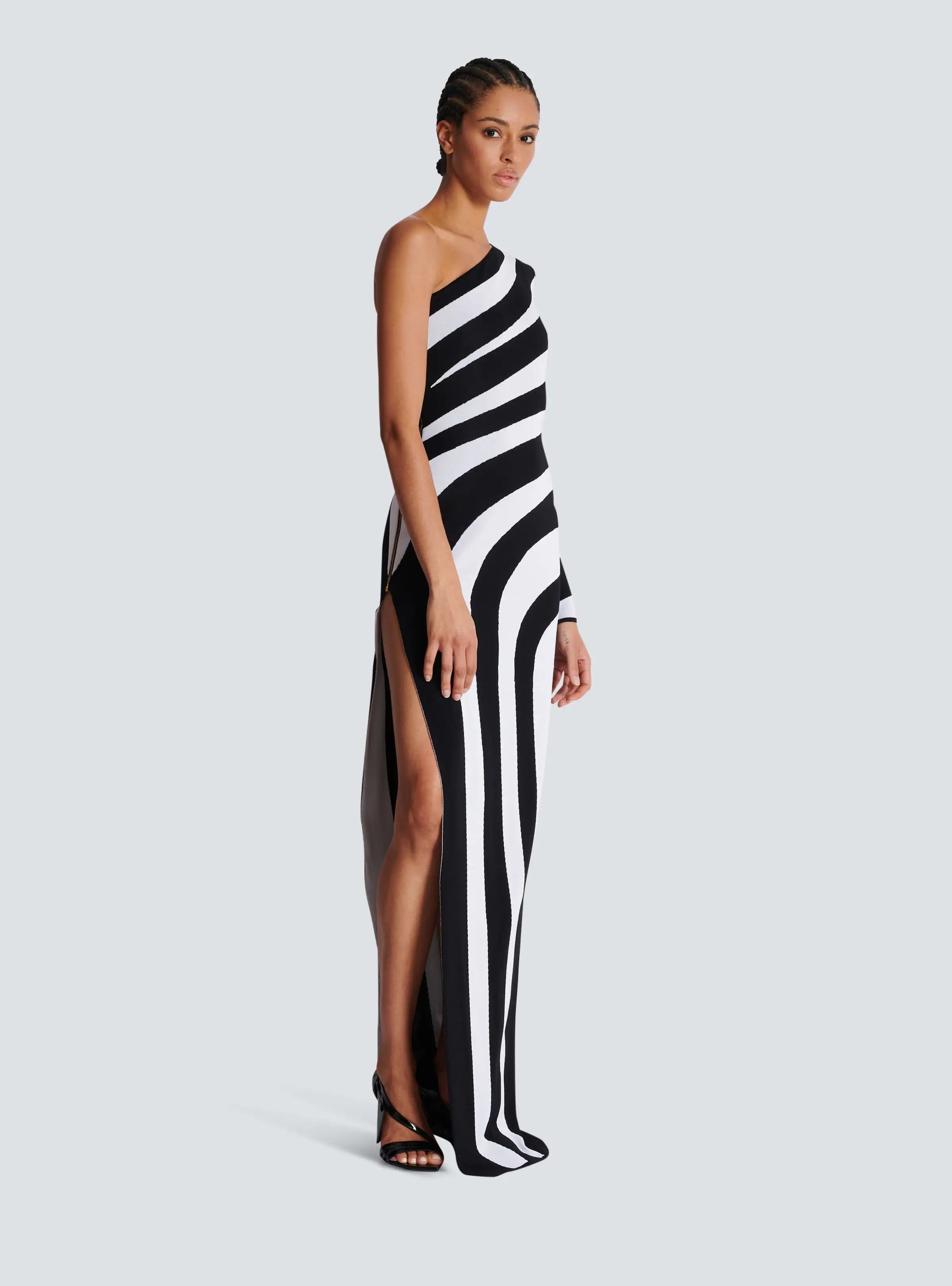 LLstyle Black White Stripes Sexy High Slit One Shoulder Dress