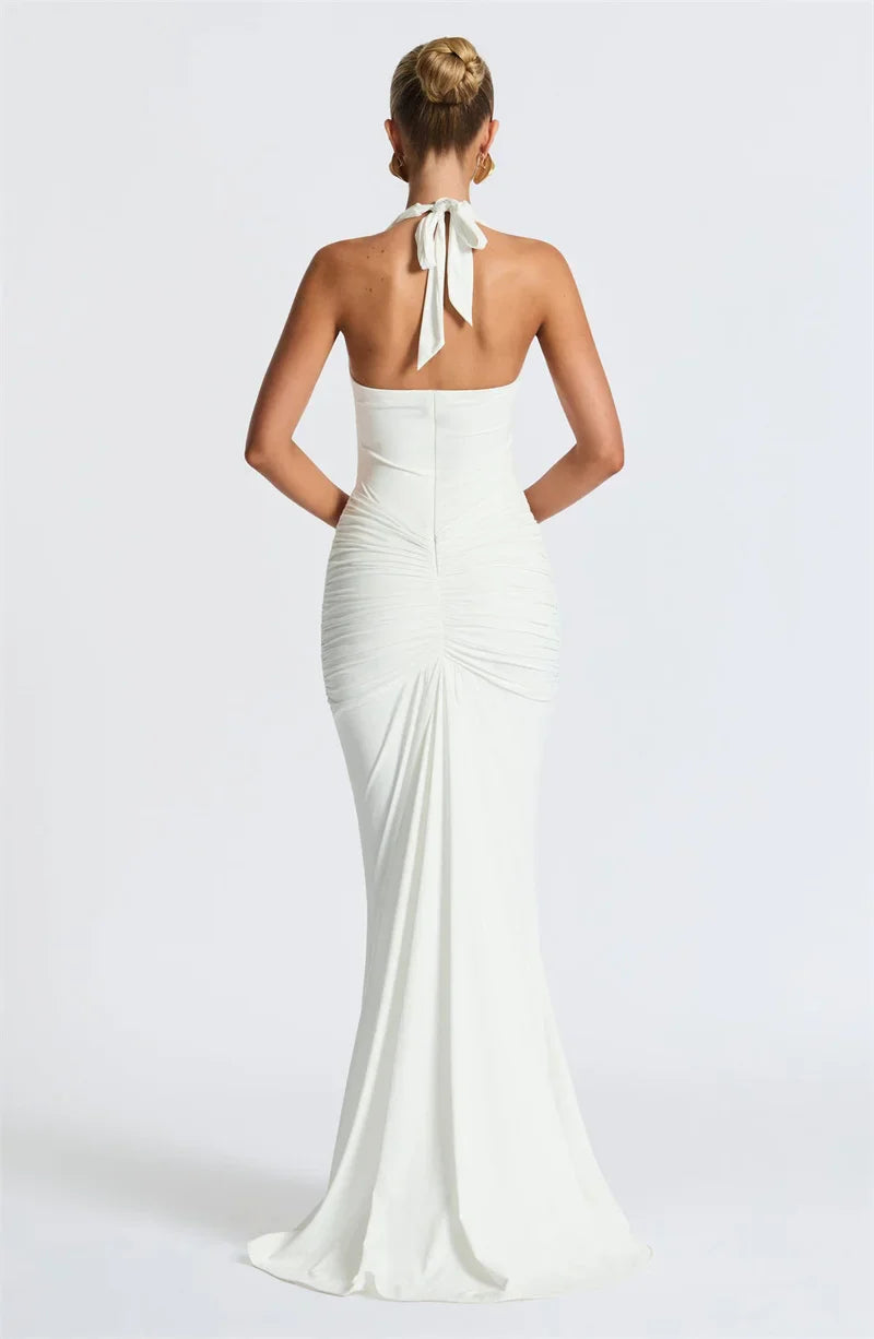 Gia Deep V Halter Ruched Maxi Dress