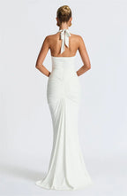Gia Deep V Halter Ruched Maxi Dress