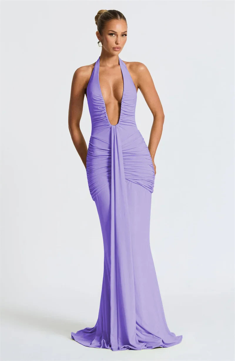 LLstyle Plunge Halter Ruched Maxi Dress
