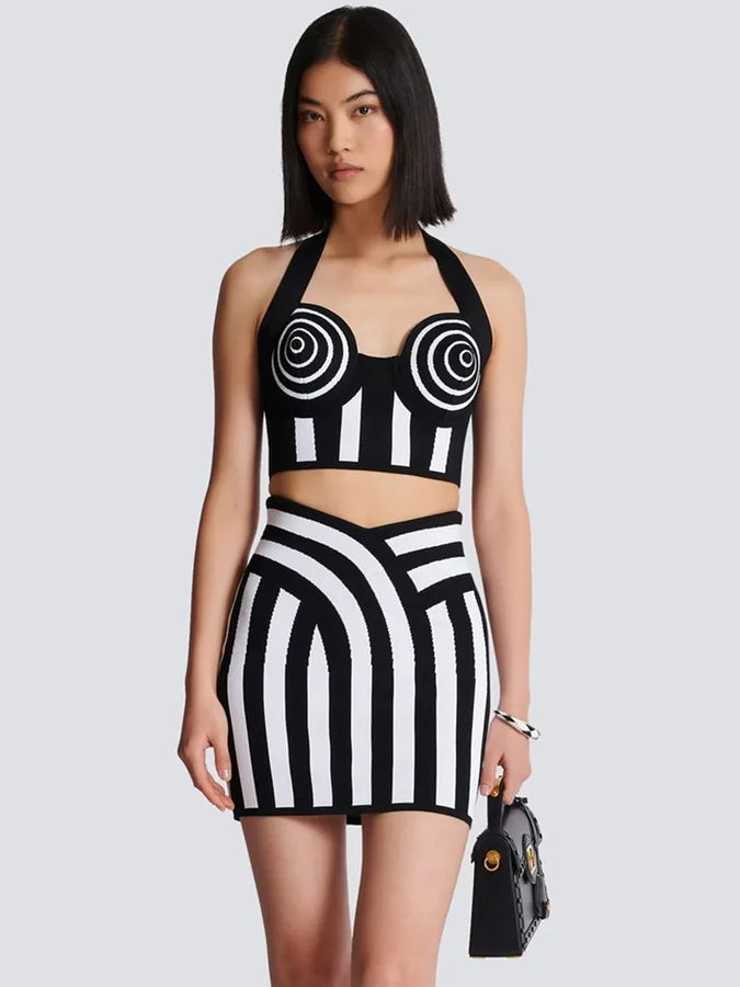 LLstyle Backless Halter Striped Mini Skirt Set