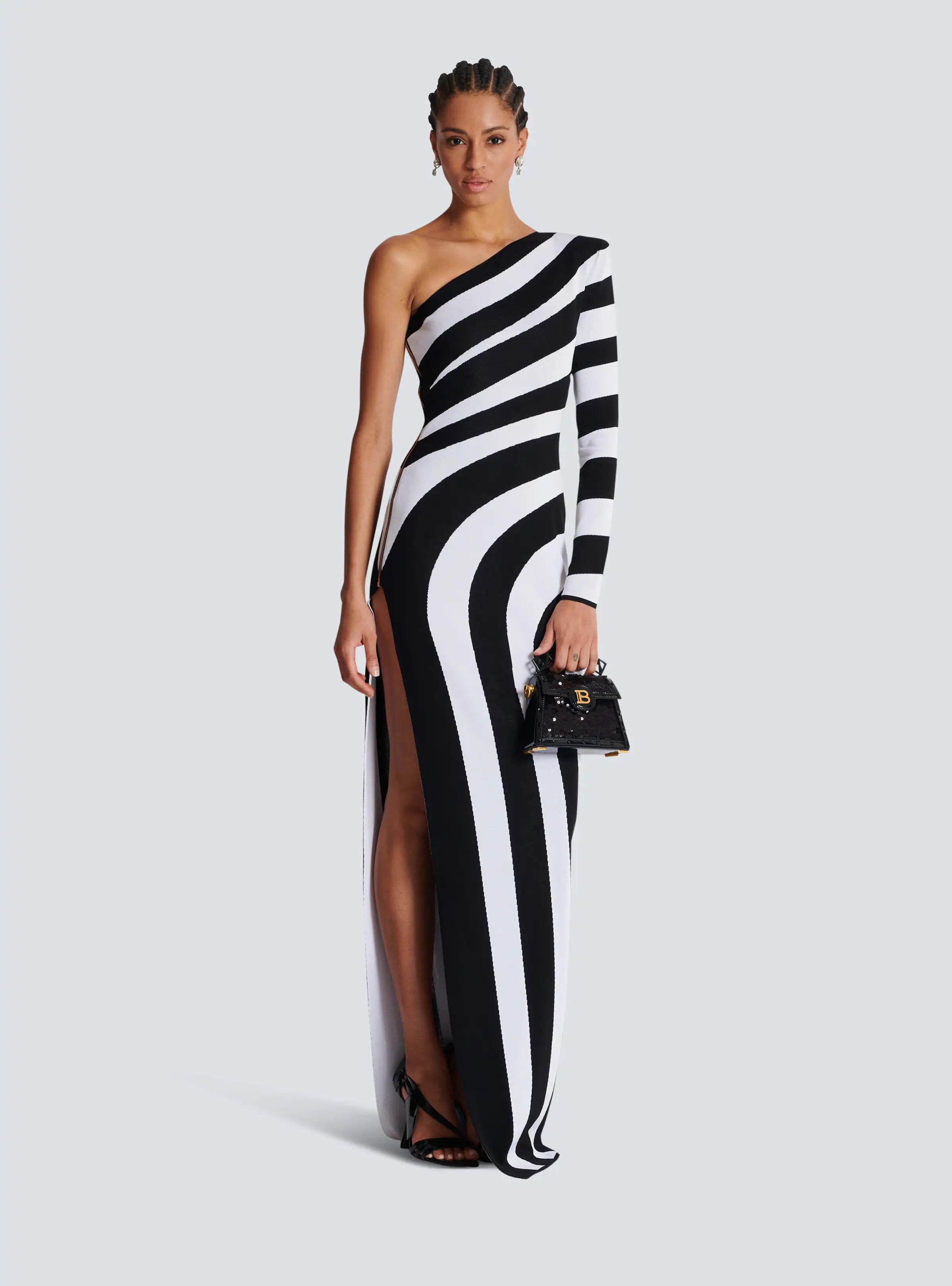 LLstyle Black White Stripes Sexy High Slit One Shoulder Dress