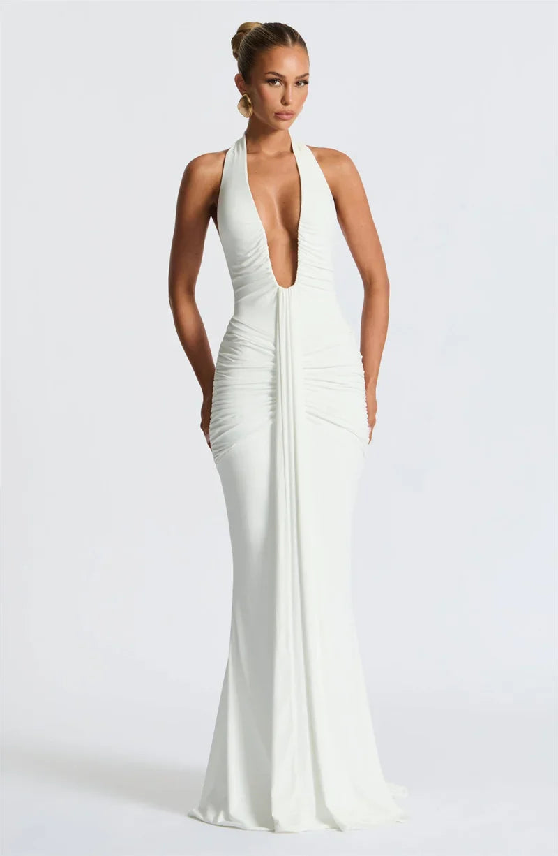 LLstyle Deep V Halter Ruched Maxi Dress