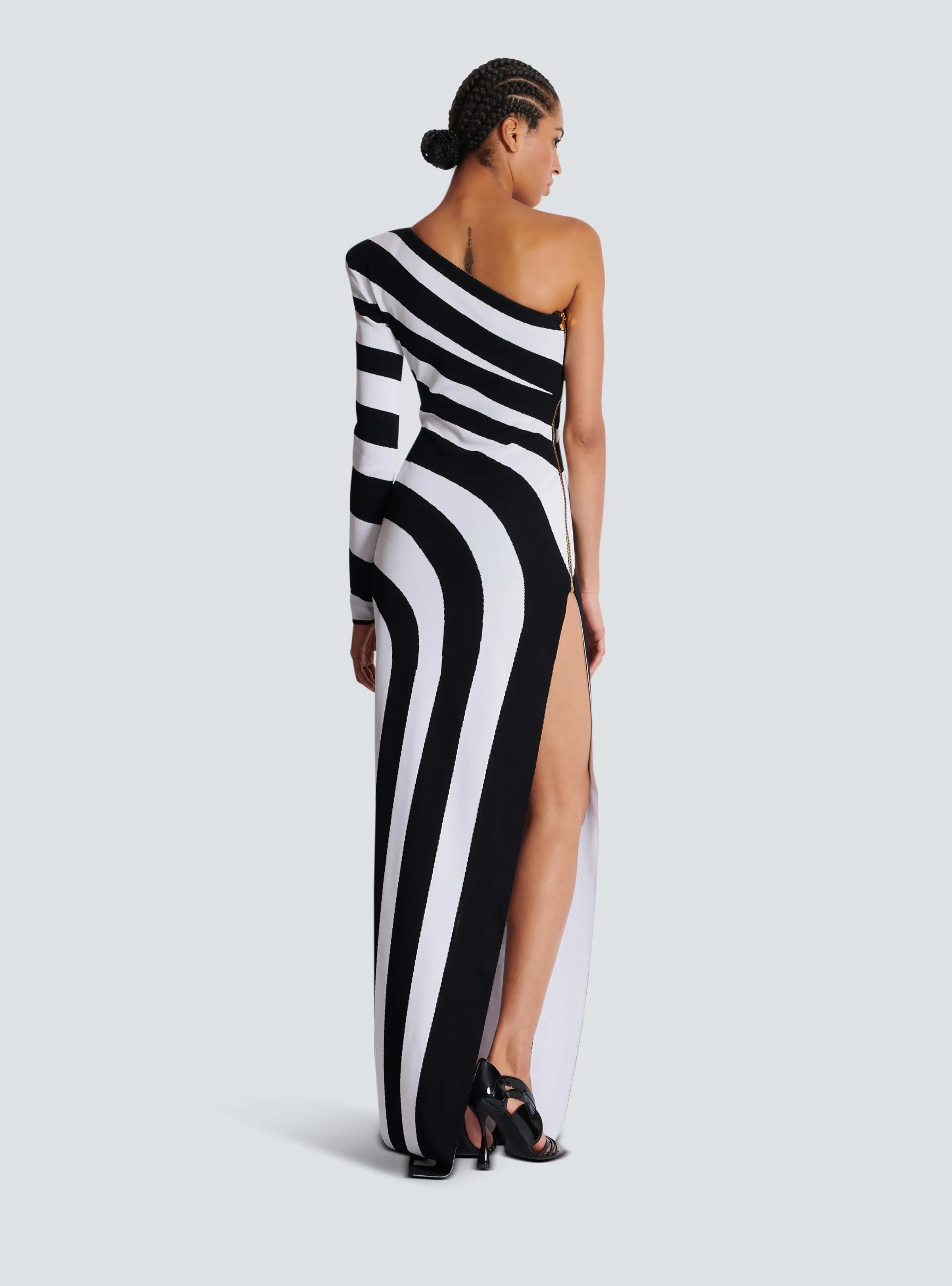 LLstyle Black White Stripes Sexy High Slit One Shoulder Dress
