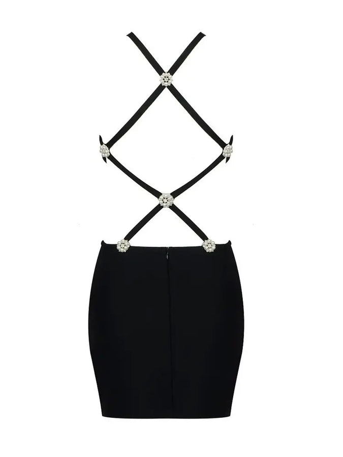 LLstyle Women Backless Pearl Crystal Black Dress