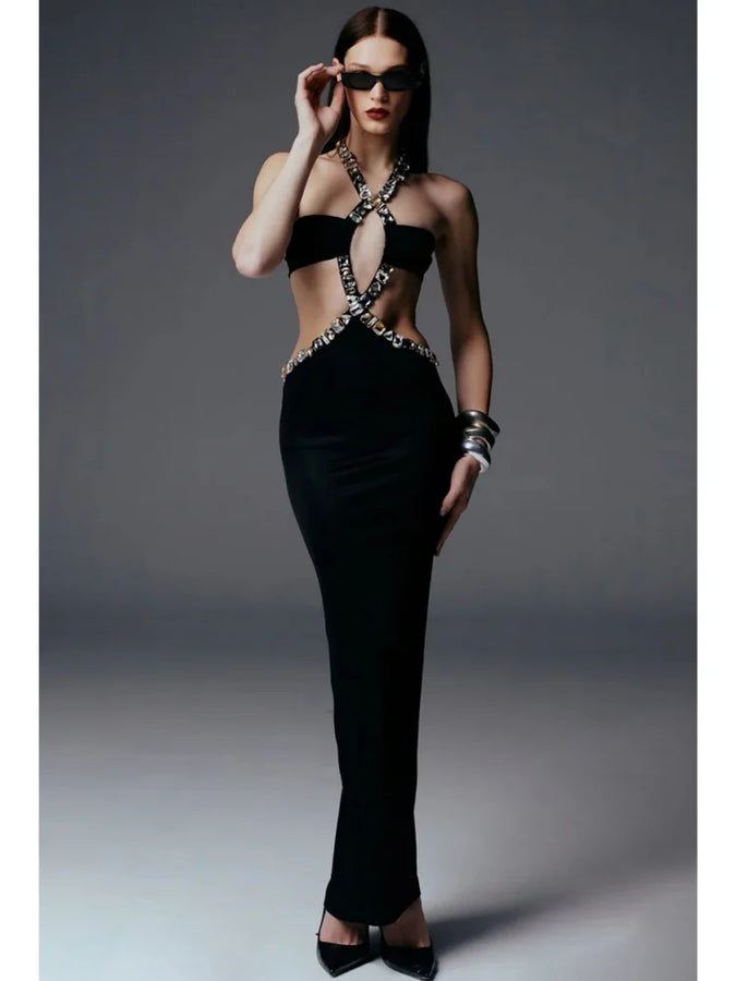 LLstyle Maxi Evening Dress With Diamond Crystal