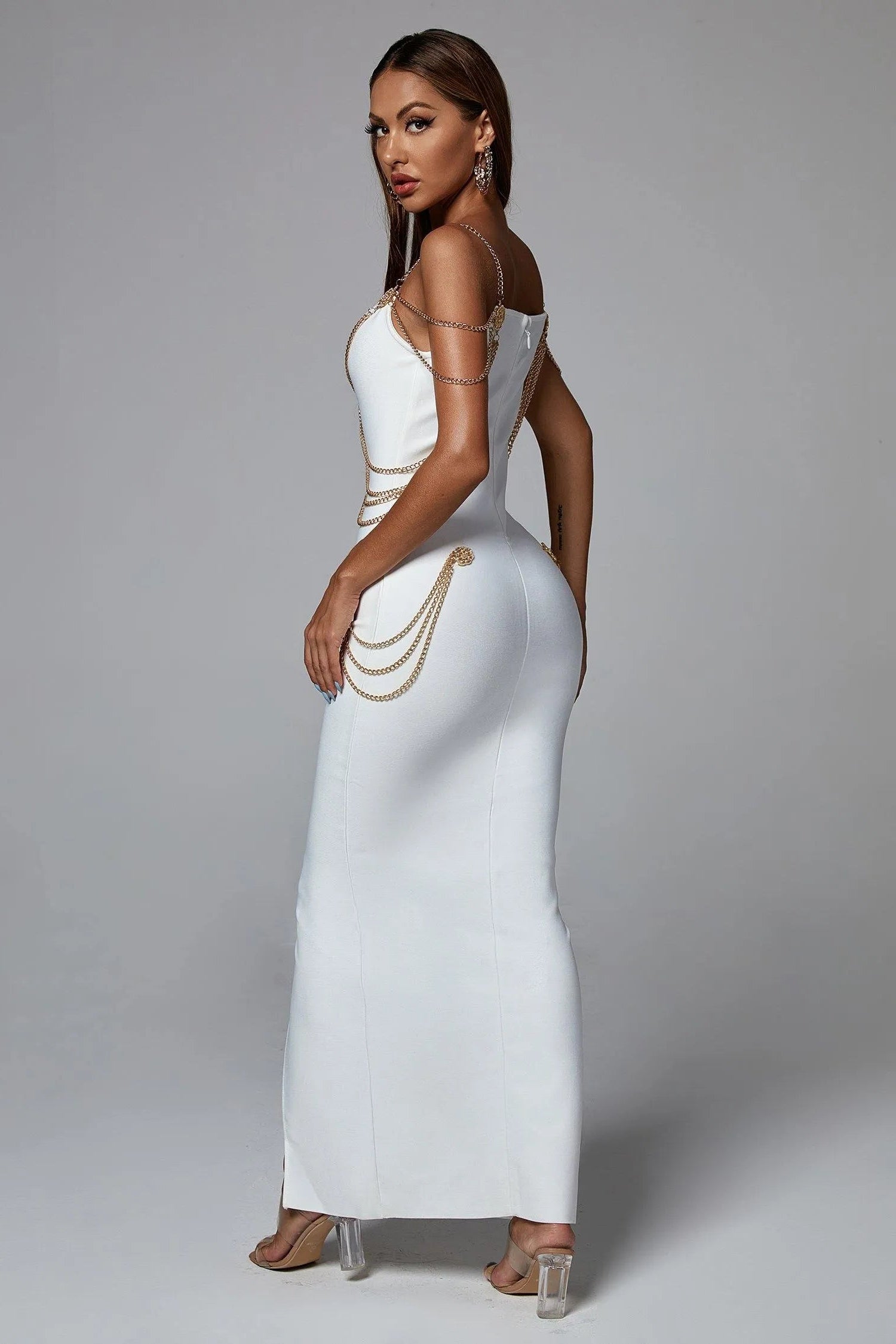 LLstyle White Regal Chain-Embellished Maxi Dress