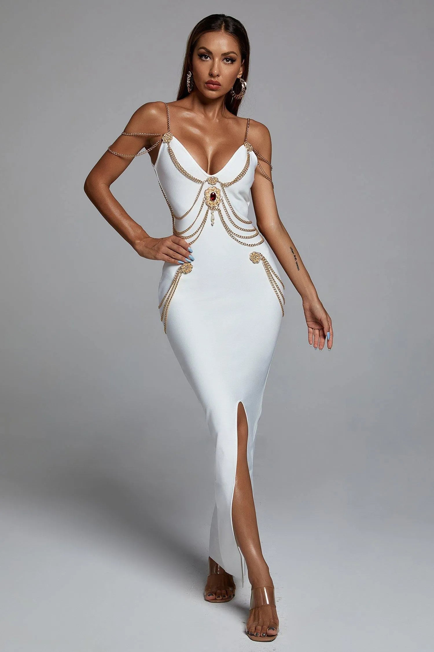 LLstyle White Regal Chain-Embellished Maxi Dress
