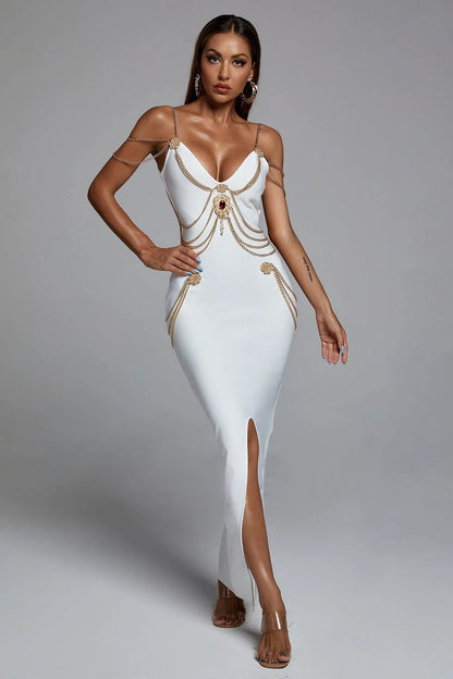 LLstyle White Regal Chain-Embellished Maxi Dress
