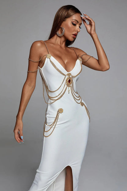 LLstyle White Regal Chain-Embellished Maxi Dress