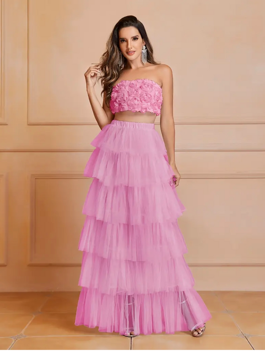 LLstyle Elegant Strapless Tiered Hem Floor Length Tulle Dress