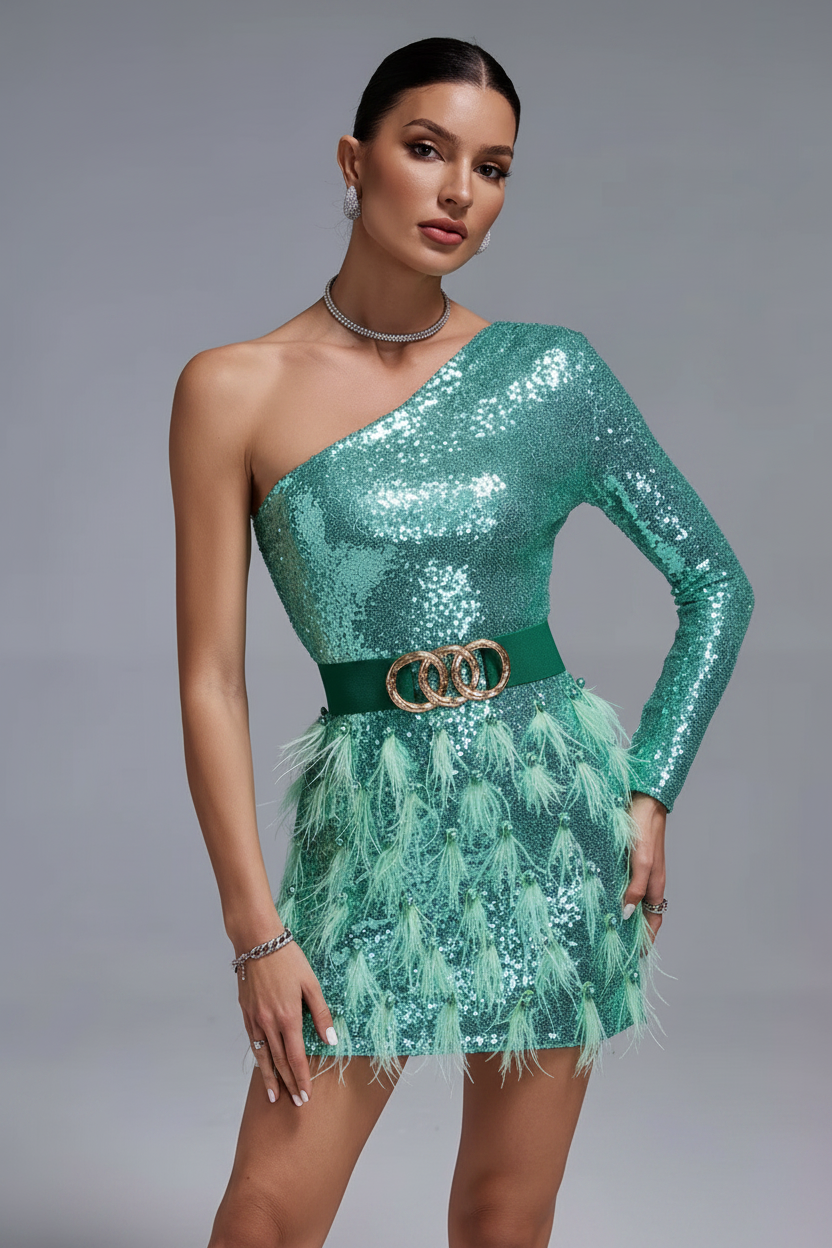 LLstyle Emerald Sequin Feather Dress