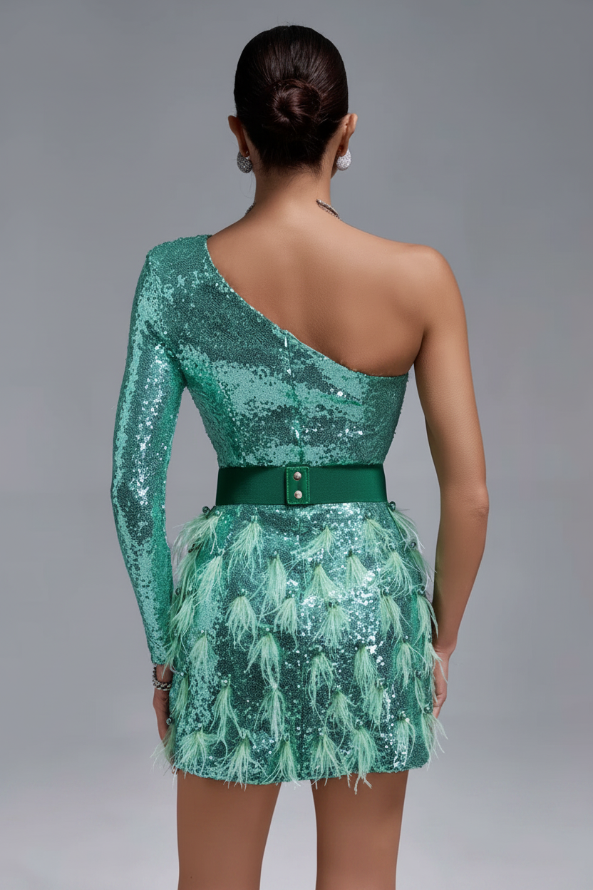 LLstyle Emerald Sequin Feather Dress
