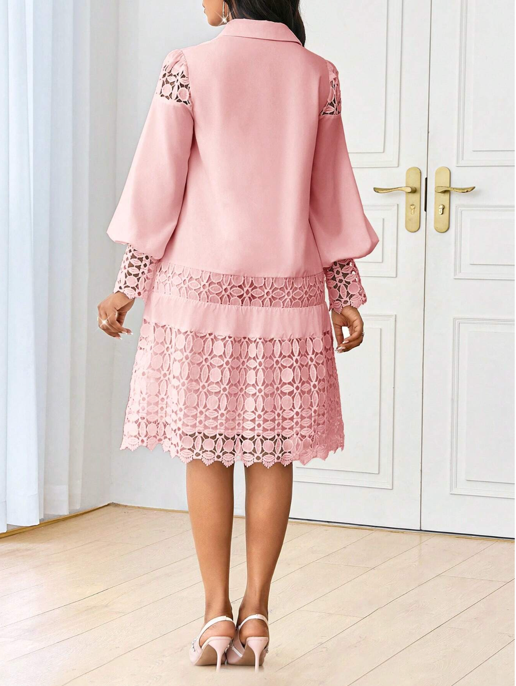 LLstyle Casual Contrast Lace Shirt Dress