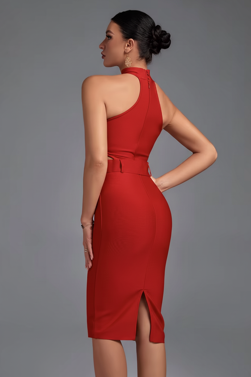 LLstyle Belted Halter Cut-Out Midi Dress