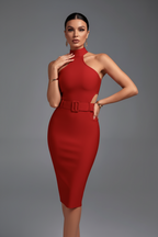 Brooklyn Belted Halter Cut-Out Midi Dress
