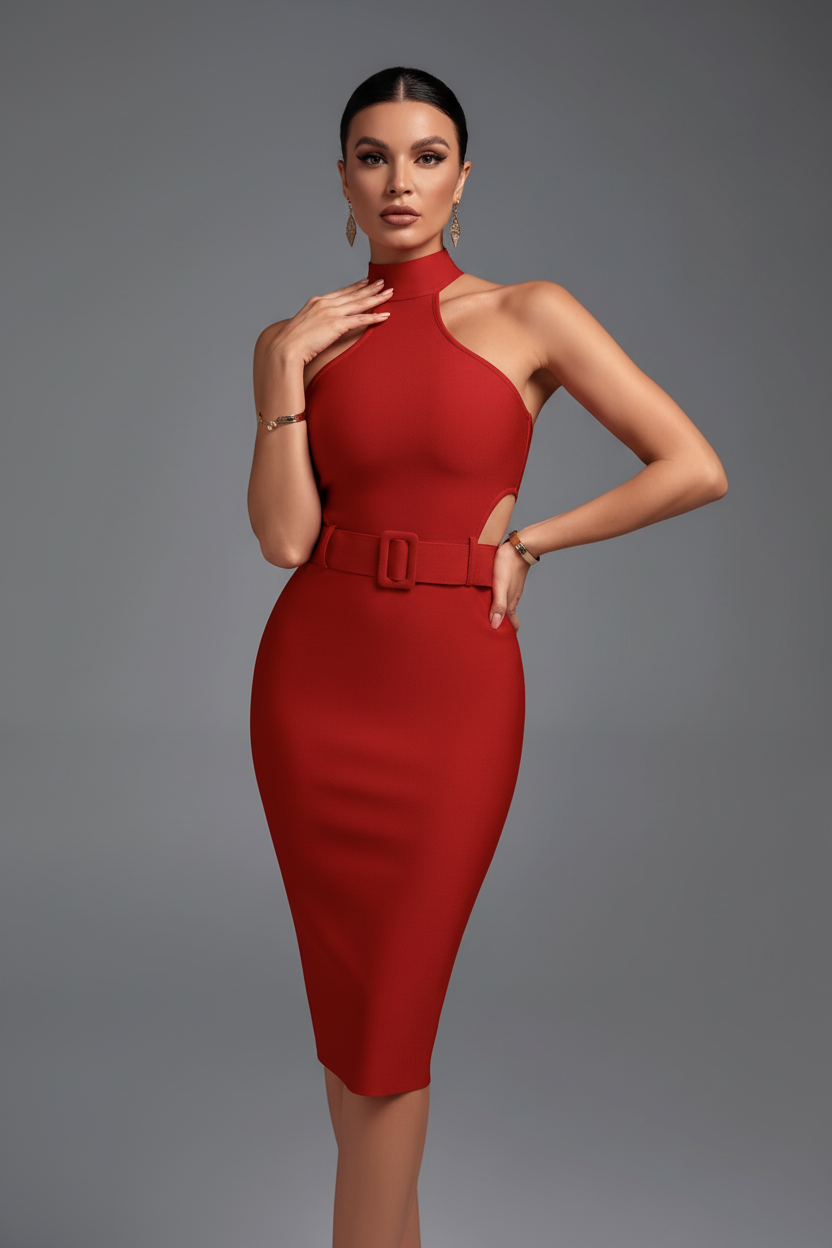 LLstyle Belted Halter Cut-Out Midi Dress