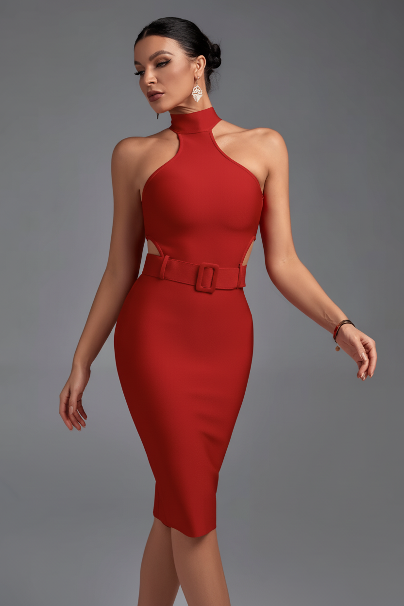 LLstyle Belted Halter Cut-Out Midi Dress