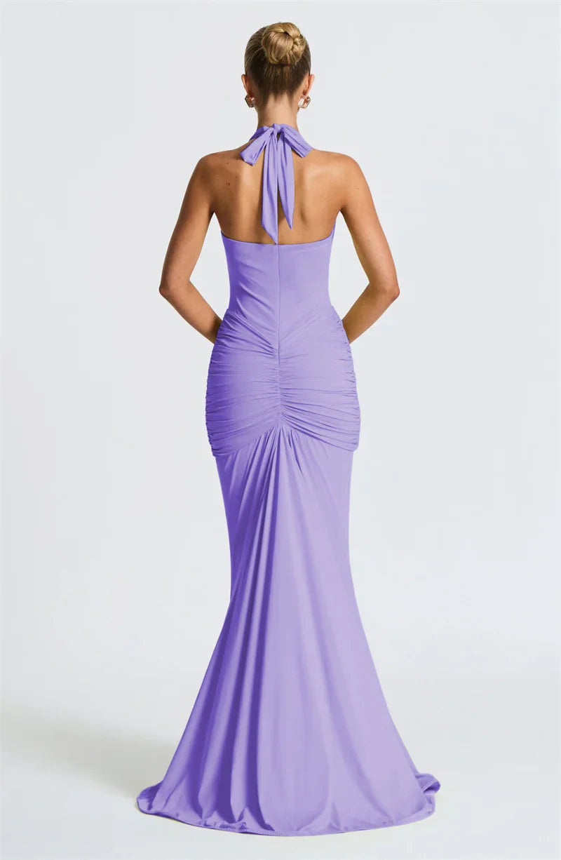 LLstyle Plunge Halter Ruched Maxi Dress