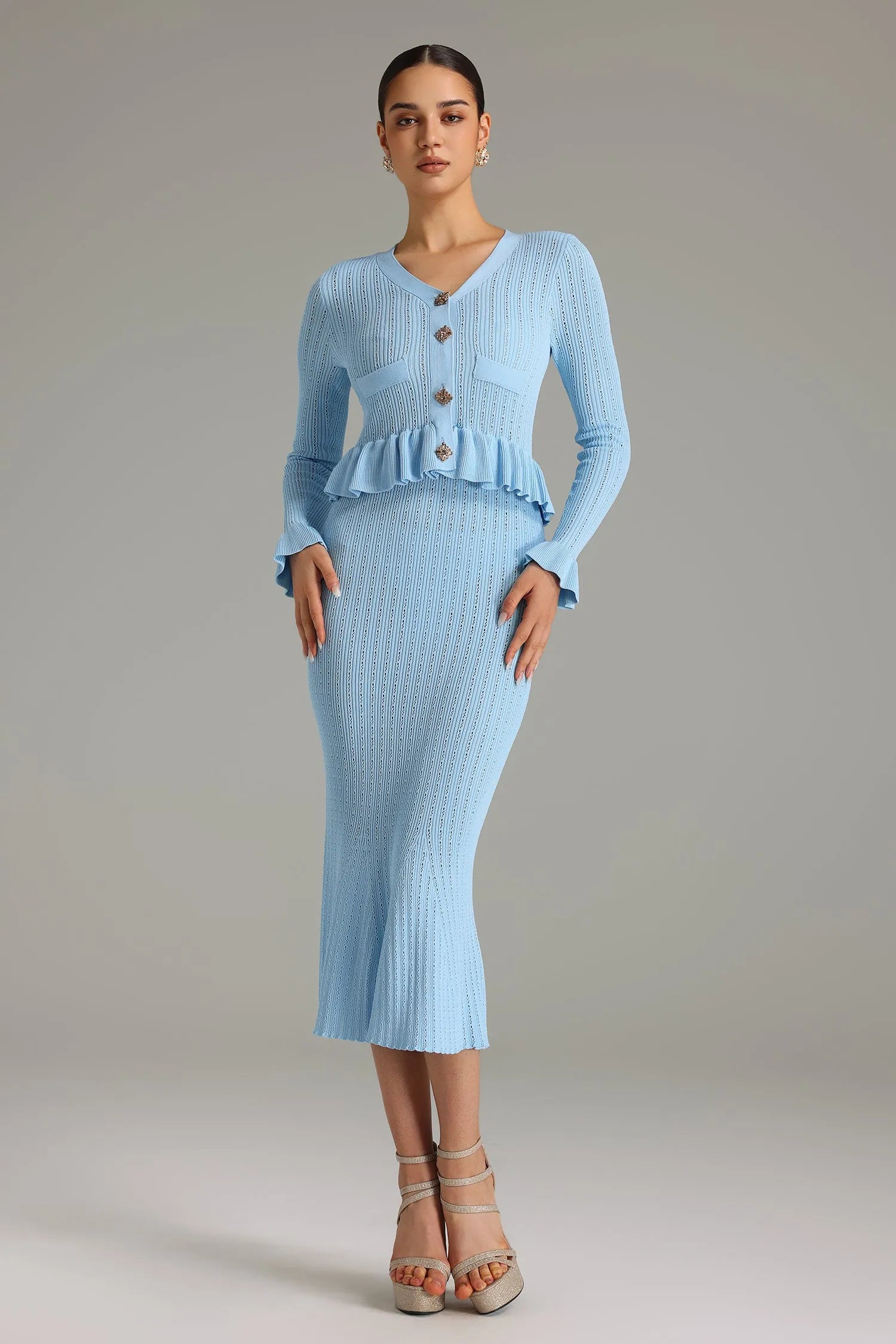 LLstyle Blue Flounced Knit Midi Dress
