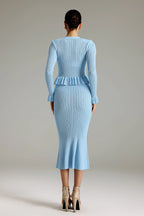 Ainsley Blue Flounced Knit Midi Dress