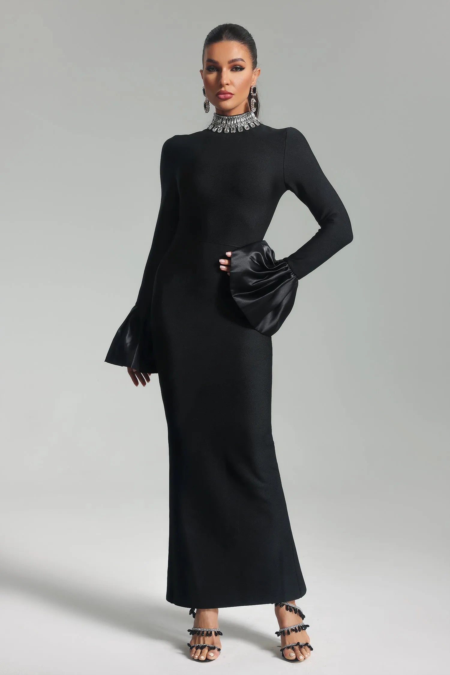 LLstyle Shining Diamonds Neck Flare Sleeve Long Dress