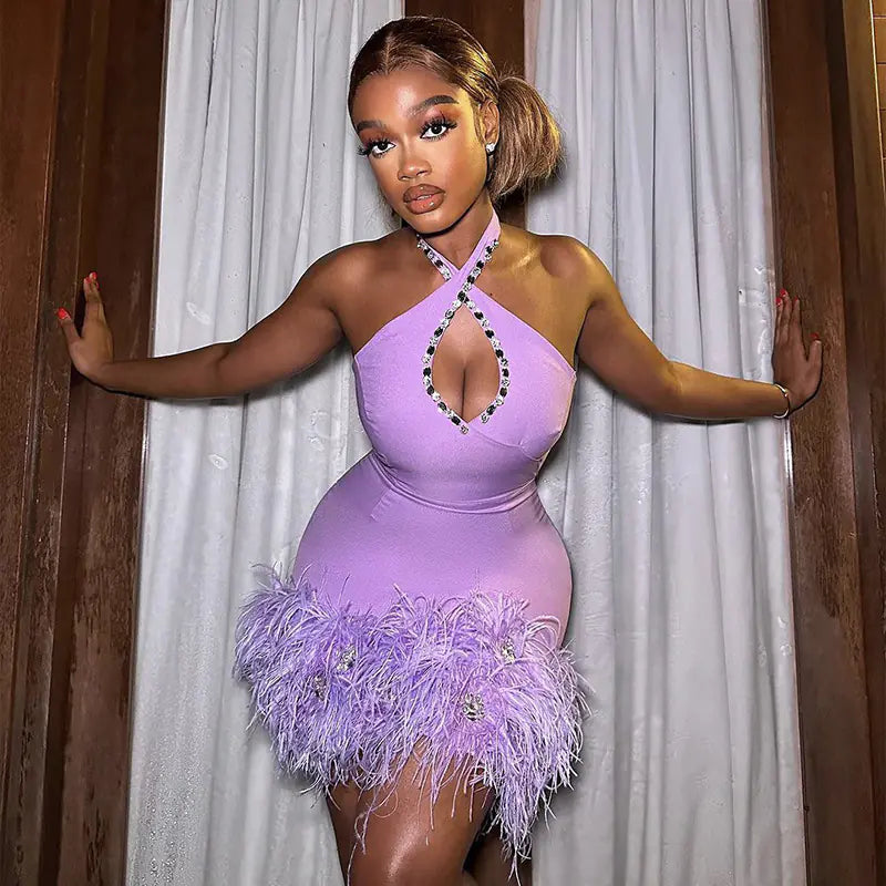 LLstyle Purple Rhinestone Feather Halter Bandage Dress