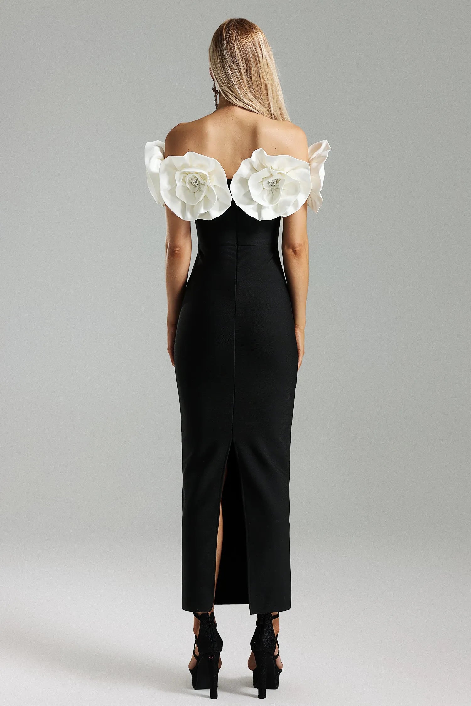 LLstyle Elegant Black Floral Off-Shoulder Midi Dress