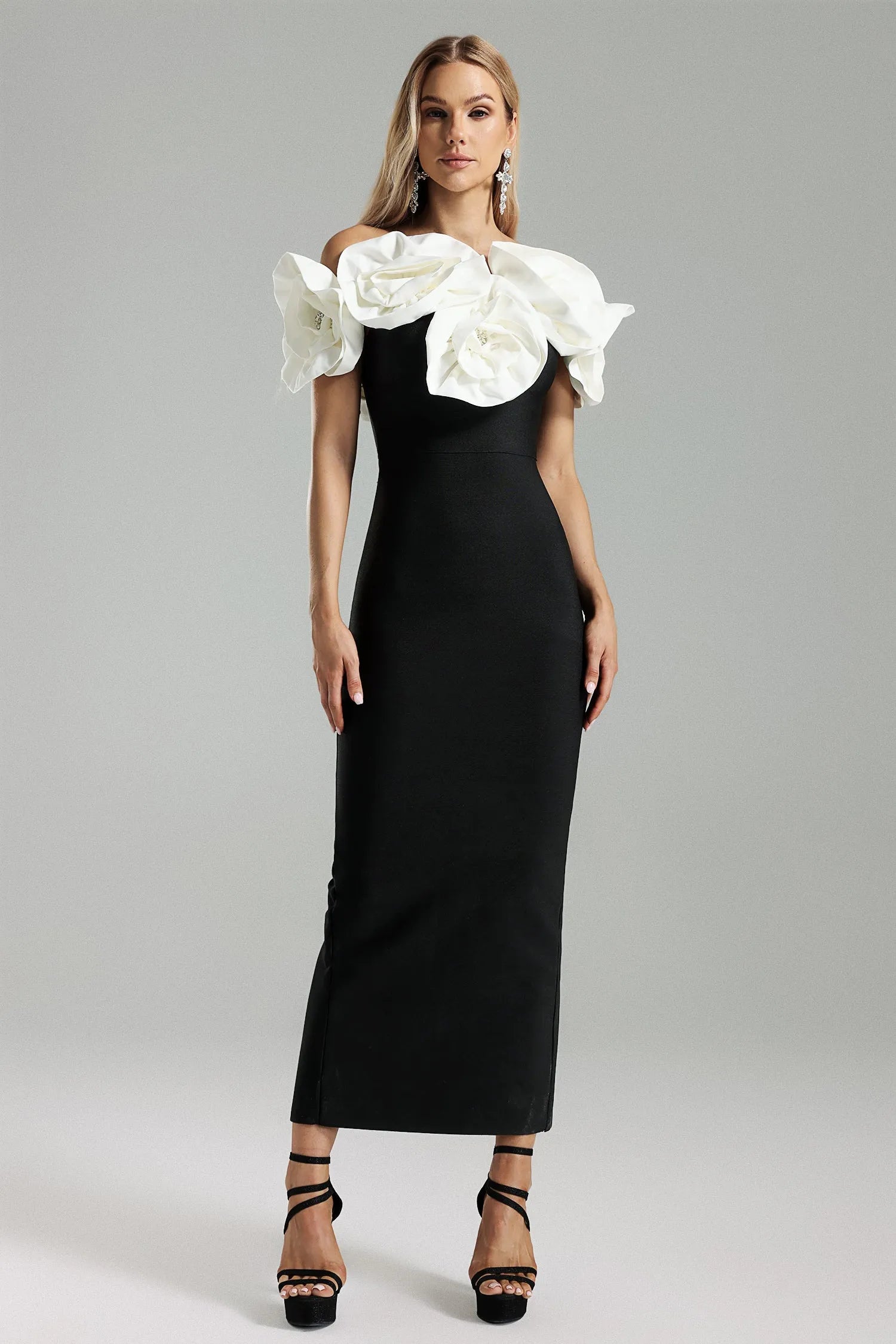 LLstyle Elegant Black Floral Off-Shoulder Midi Dress