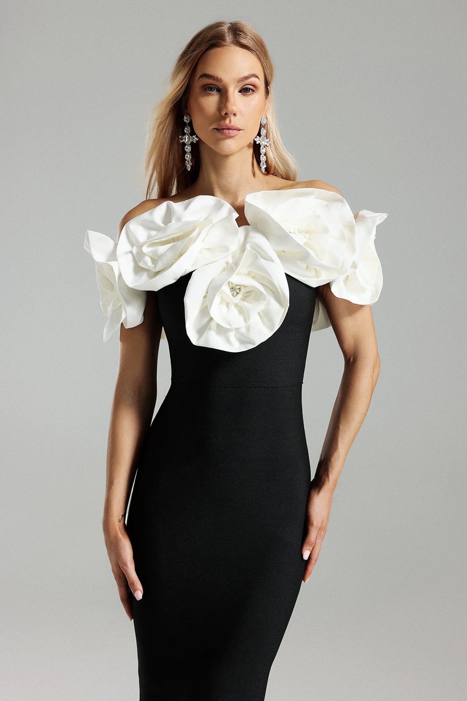 LLstyle Elegant Black Floral Off-Shoulder Midi Dress